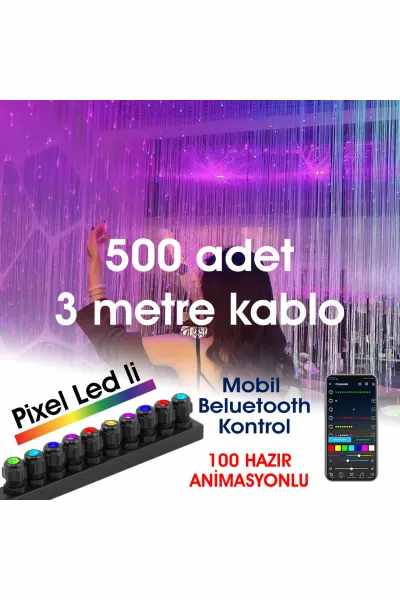 Fiber Optik Şelale, Işık Perdesi, Yağmur Dekor, 500 ADET 3MT 0.75MM KABLO + Animasyonlu IŞIK KAYNAĞI